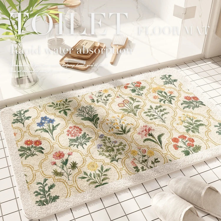 Fresh American floral absorbent floor mat, bathroom door, bathroom mat, non-slip mat, bathroom door floor mat