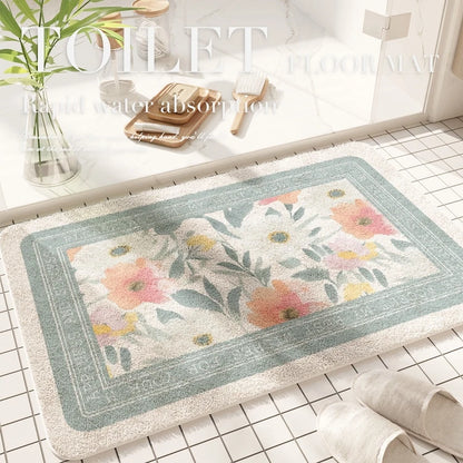 Fresh American floral absorbent floor mat, bathroom door, bathroom mat, non-slip mat, bathroom door floor mat